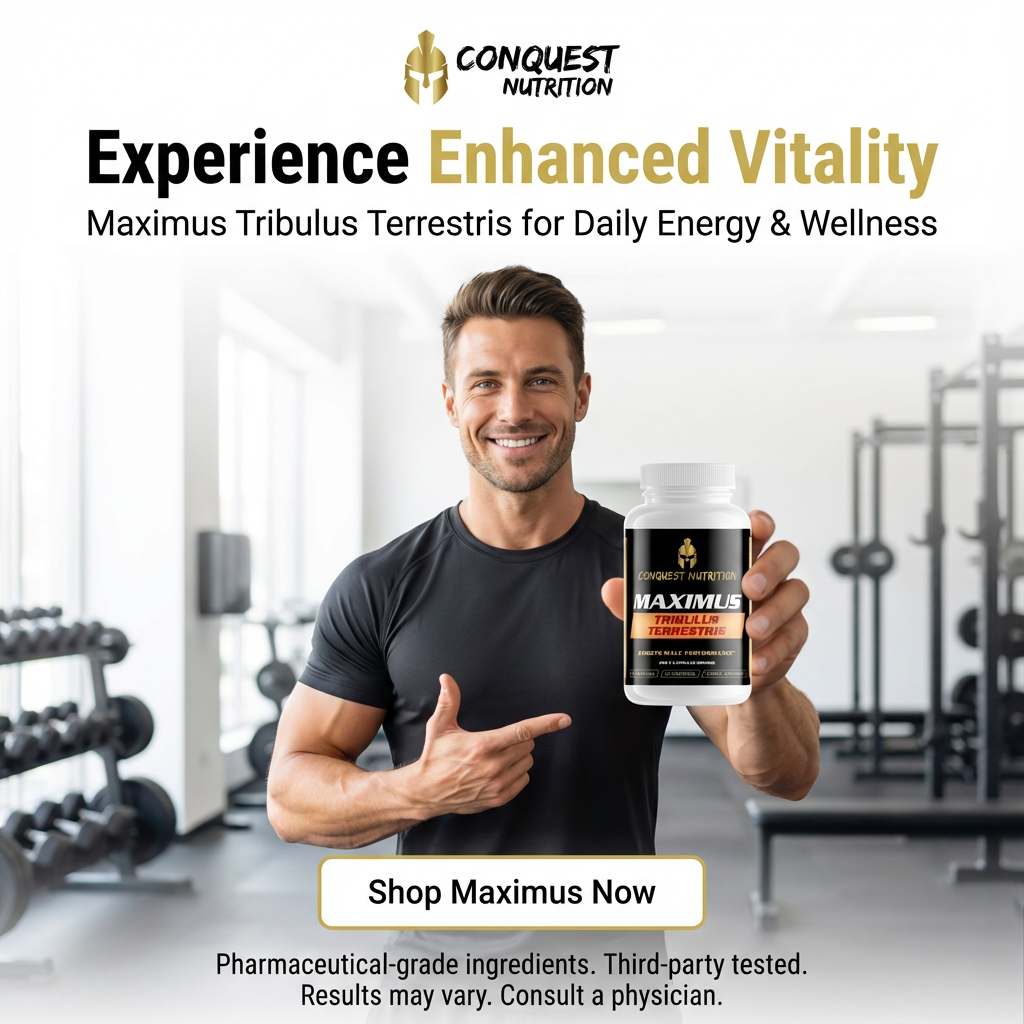 Man holding a supplement container with 'Conquest Nutrition' branding in a gym setting.