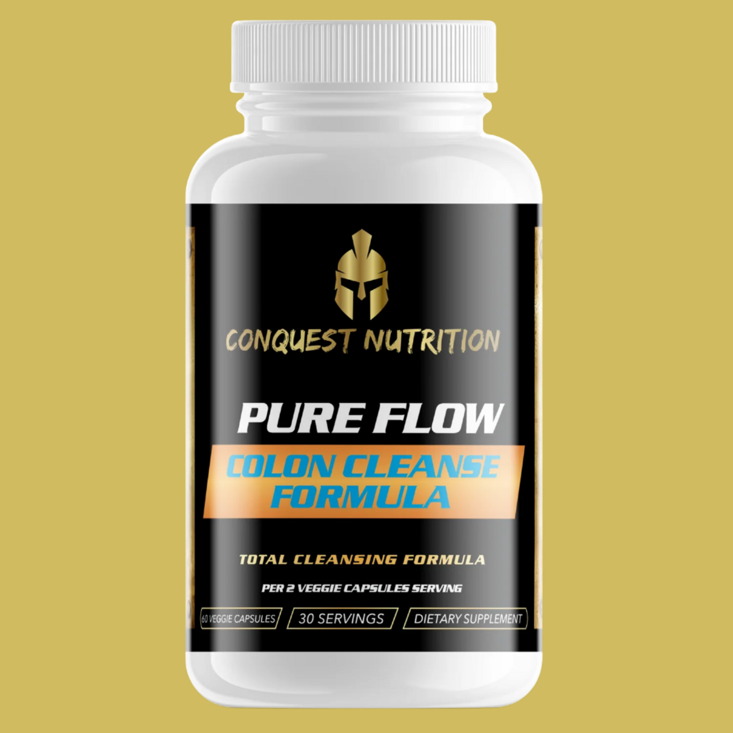 A bottle of Conquest Nutrition Pure Flow Colon Cleanse Formula with 60 veggie capsules.