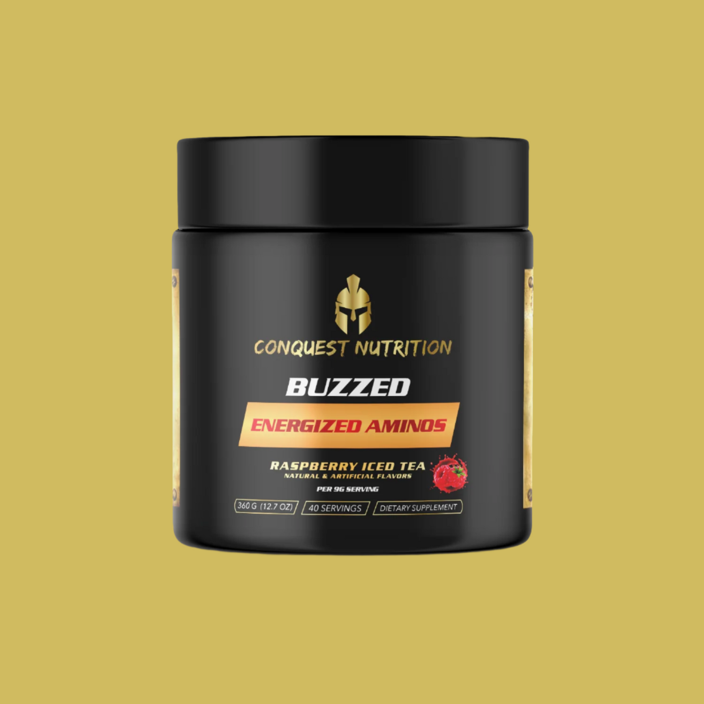 A black tub with the wording Conquest Nutrition Buzzed Energized Aminos Raspberry Iced Tea Flavor.