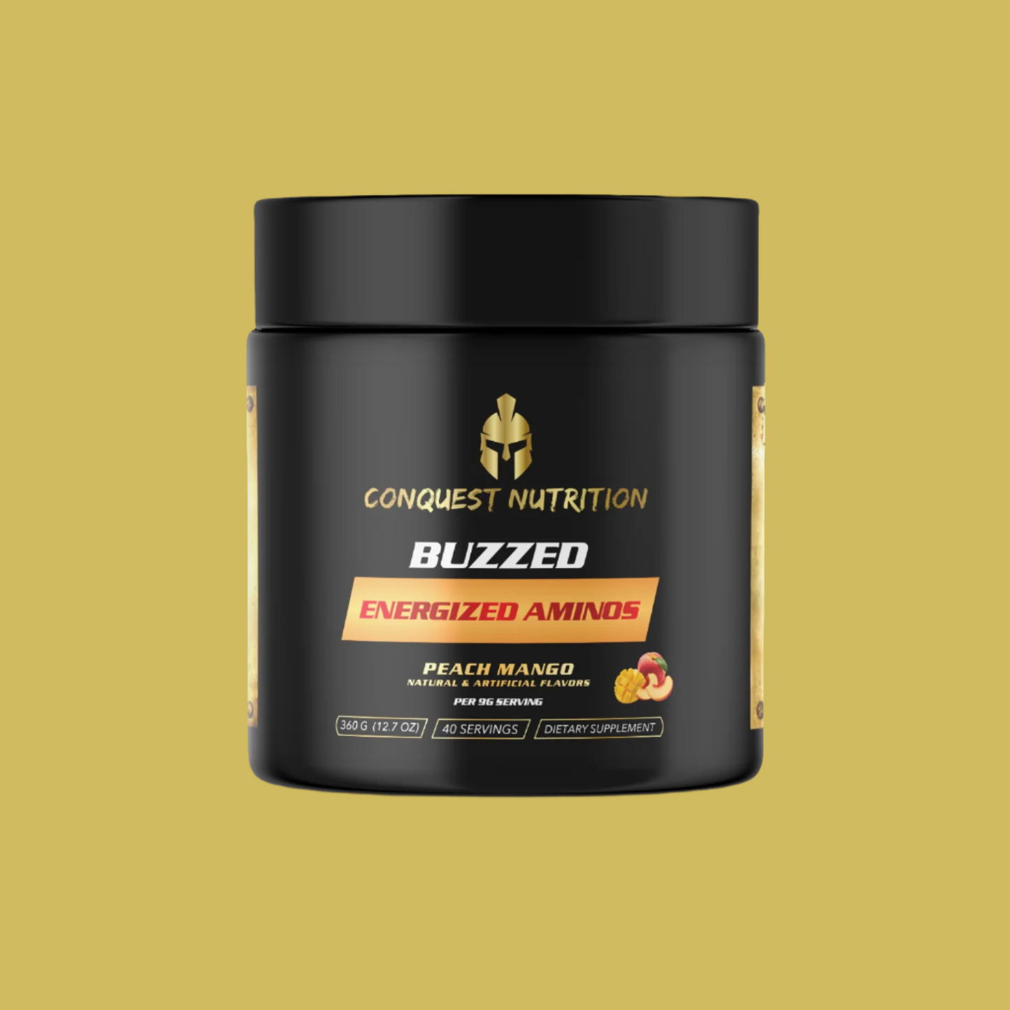A black tub with the wording Conquest Nutrition Buzzed Energized Aminos Peach Mango Flavor.