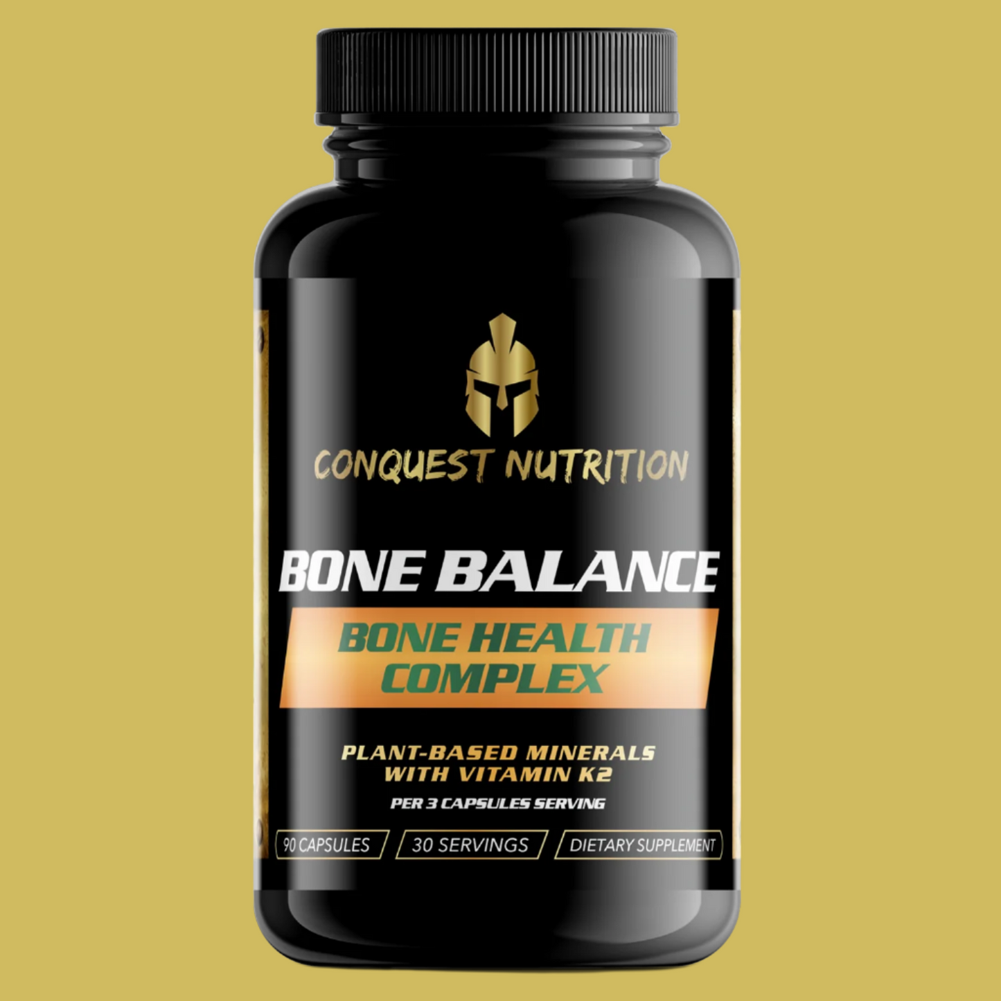 A bottle of Conquest Nutrition Bone Balance Bone Health Plus supplements with 90 veggie capsules. The label is predominantly black and gold with product information and branding.