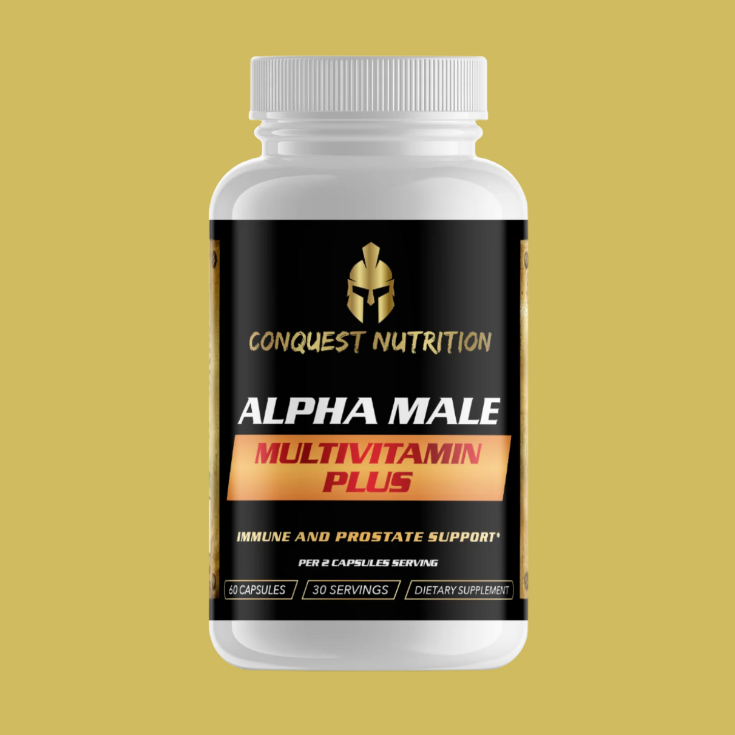 A bottle of Conquest Nutrition Alpha Male Multivitamin Plus capsules, with labeling that includes the product name and claims of immune and prostate support.