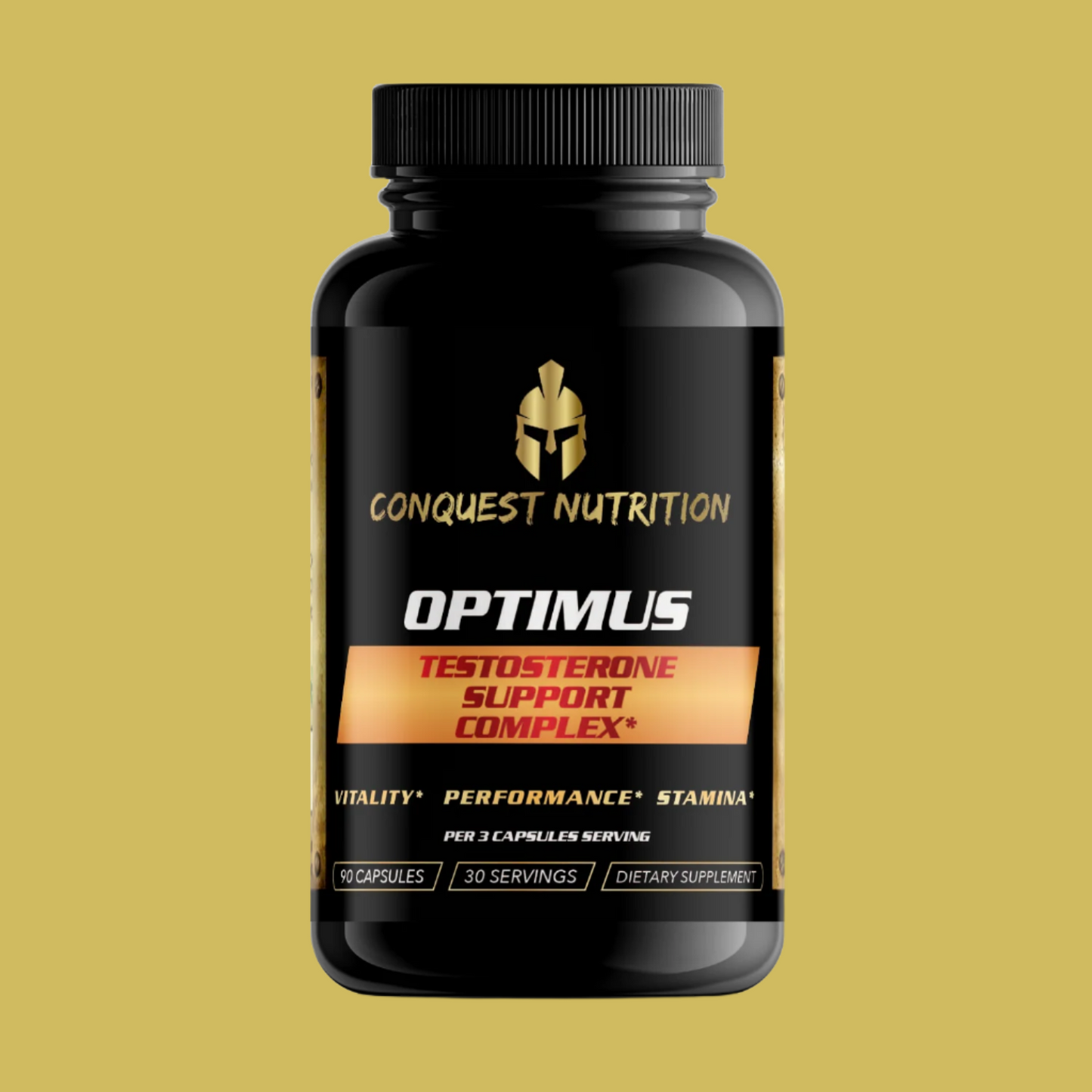 A black supplement bottle with thhe wording Conquest Nutrition Optimus Testosterone Support Complex. It shows the benefits and servings at the bottom