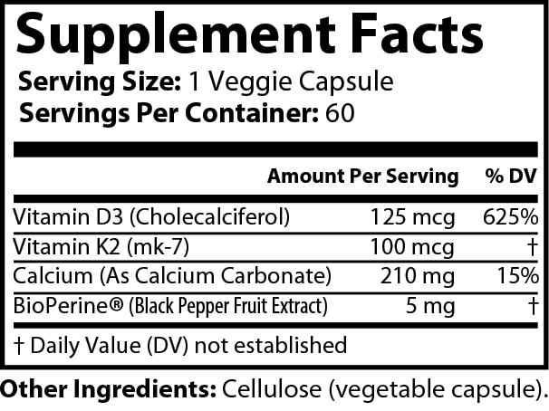 Vitamin K2 D3 Plus Capsules with Bioperine - 60 Veggie Capsules for Enhanced Absorption