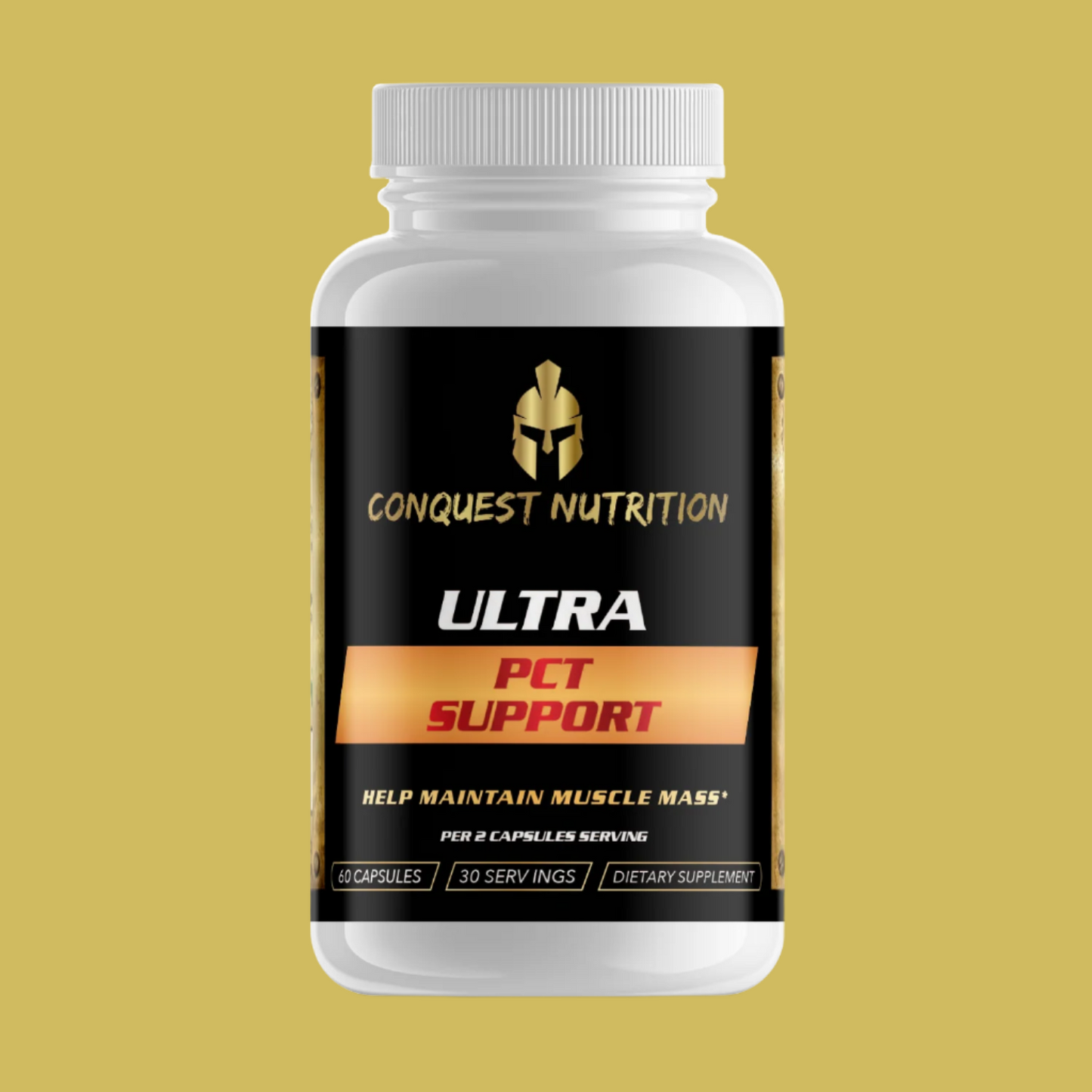 A bottle of Conquest Nutrition Ultra PCT, which is a Post Cycle Therapy Support supplement. The label indicates it helps maintain muscle mass and supports liver health.