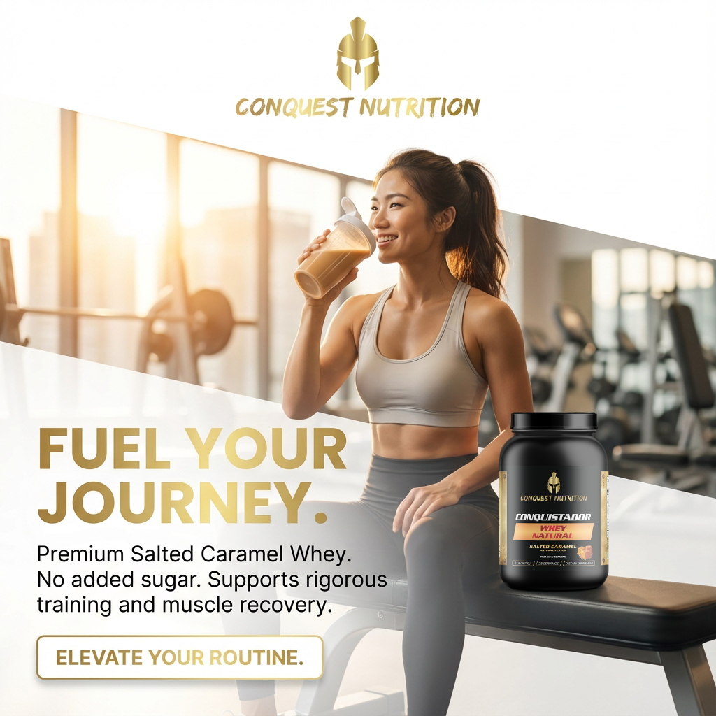 Woman in gym drinking a protein shake with Conquest Nutrition supplement container.