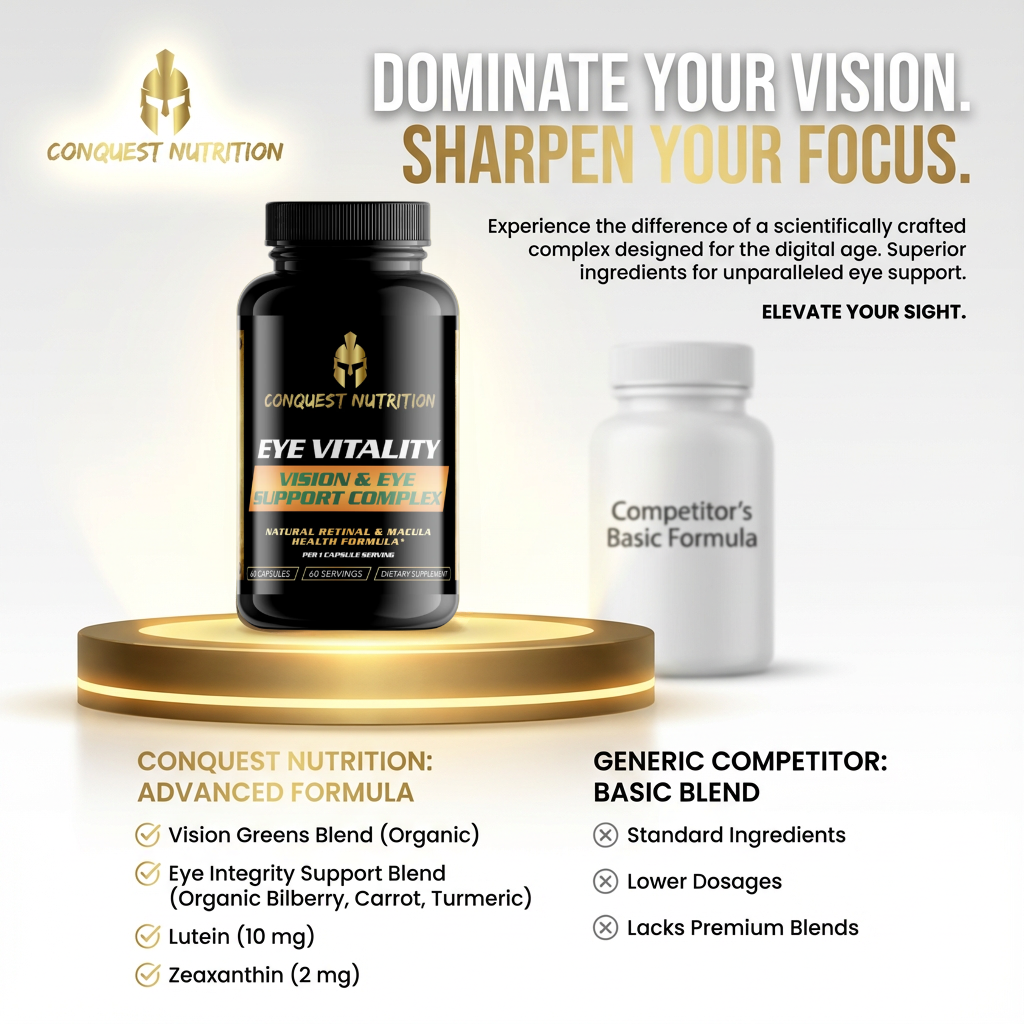 Conquest Nutrition Eye Vitality supplement bottle with a white container labeled 'Competitor's Basic Formula' on a light background.