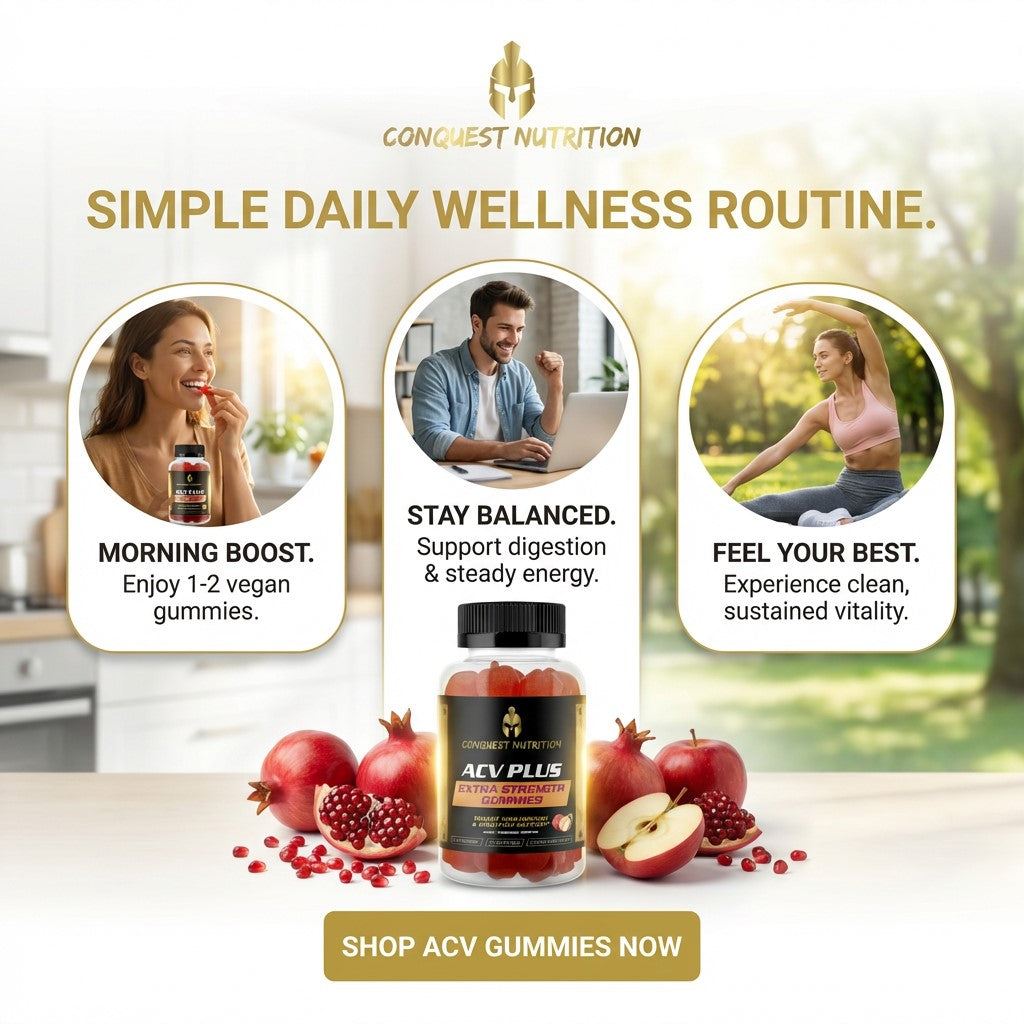 Advertisement for Conquest Nutrition ACV Plus gummies with lifestyle images and product display.