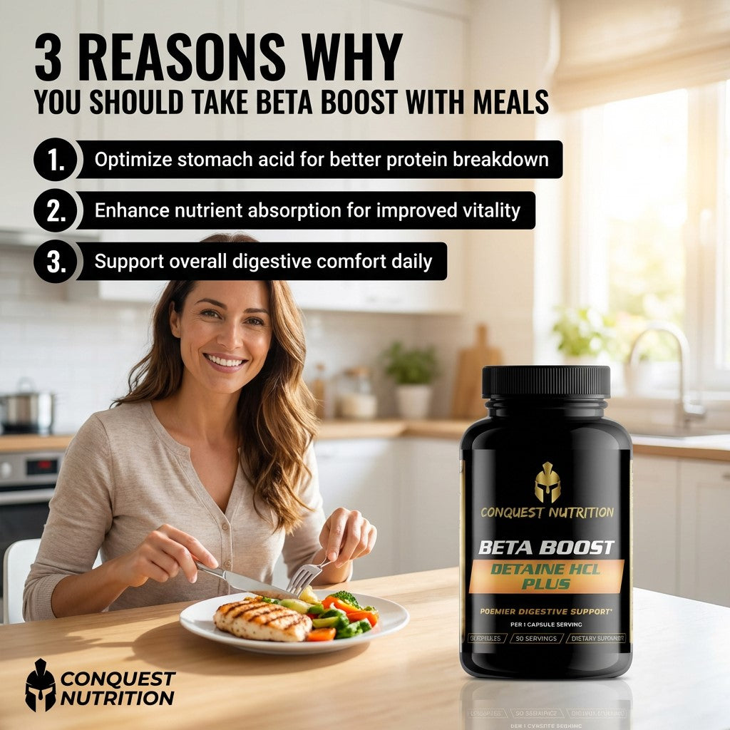 Woman eating a meal with a bottle of Conquest Nutrition Beta Boost supplement in a kitchen.