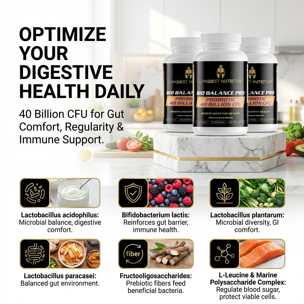 Probiotic supplement bottles on a kitchen counter with text about digestive health benefits.