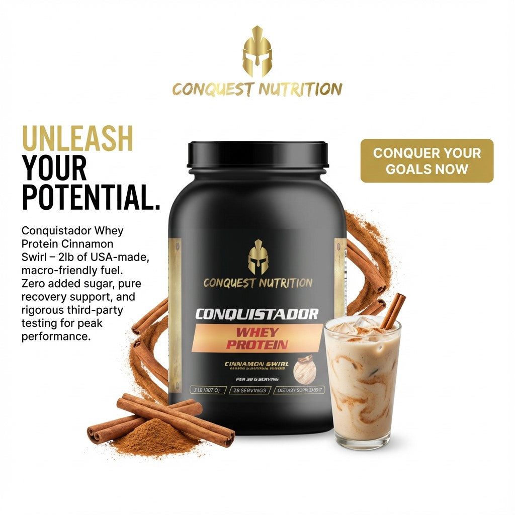 Conquest Nutrition Conquistador Whey Protein Cinnamon Swirl with a glass of protein shake and cinnamon sticks on a white background.