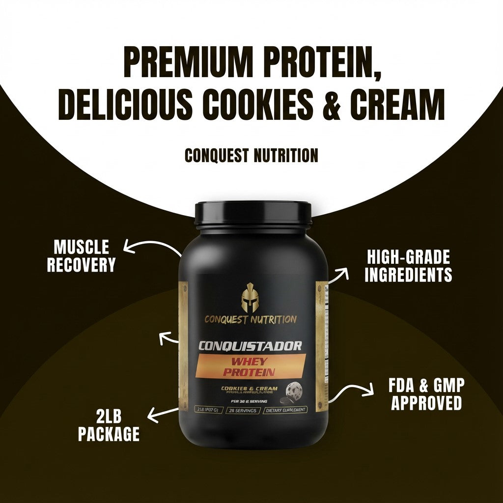 Conquest Nutrition whey protein supplement with features highlighted on a black and white background