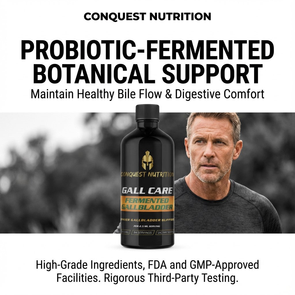 Conquest Nutrition Gall Care supplement bottle with a man in the background