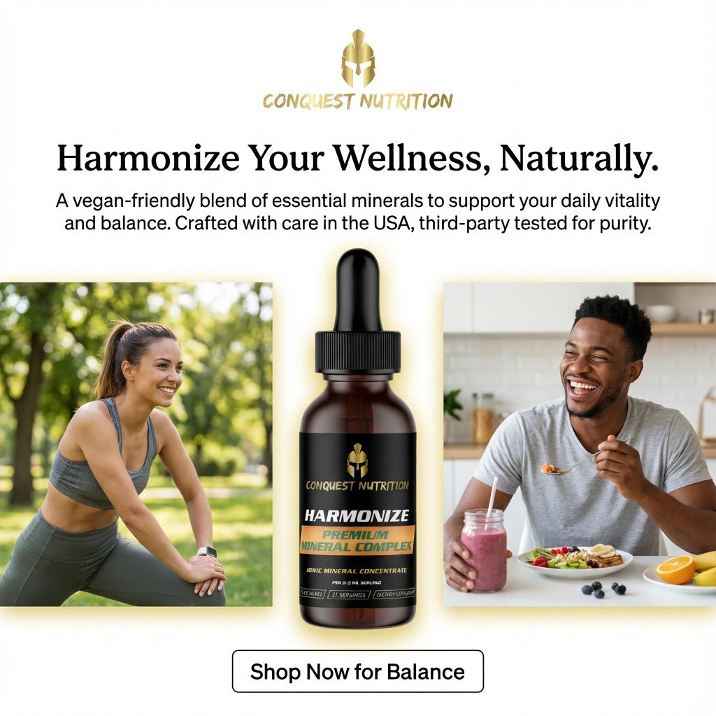 Advertisement for Conquest Nutrition Harmonize product with lifestyle images and text.