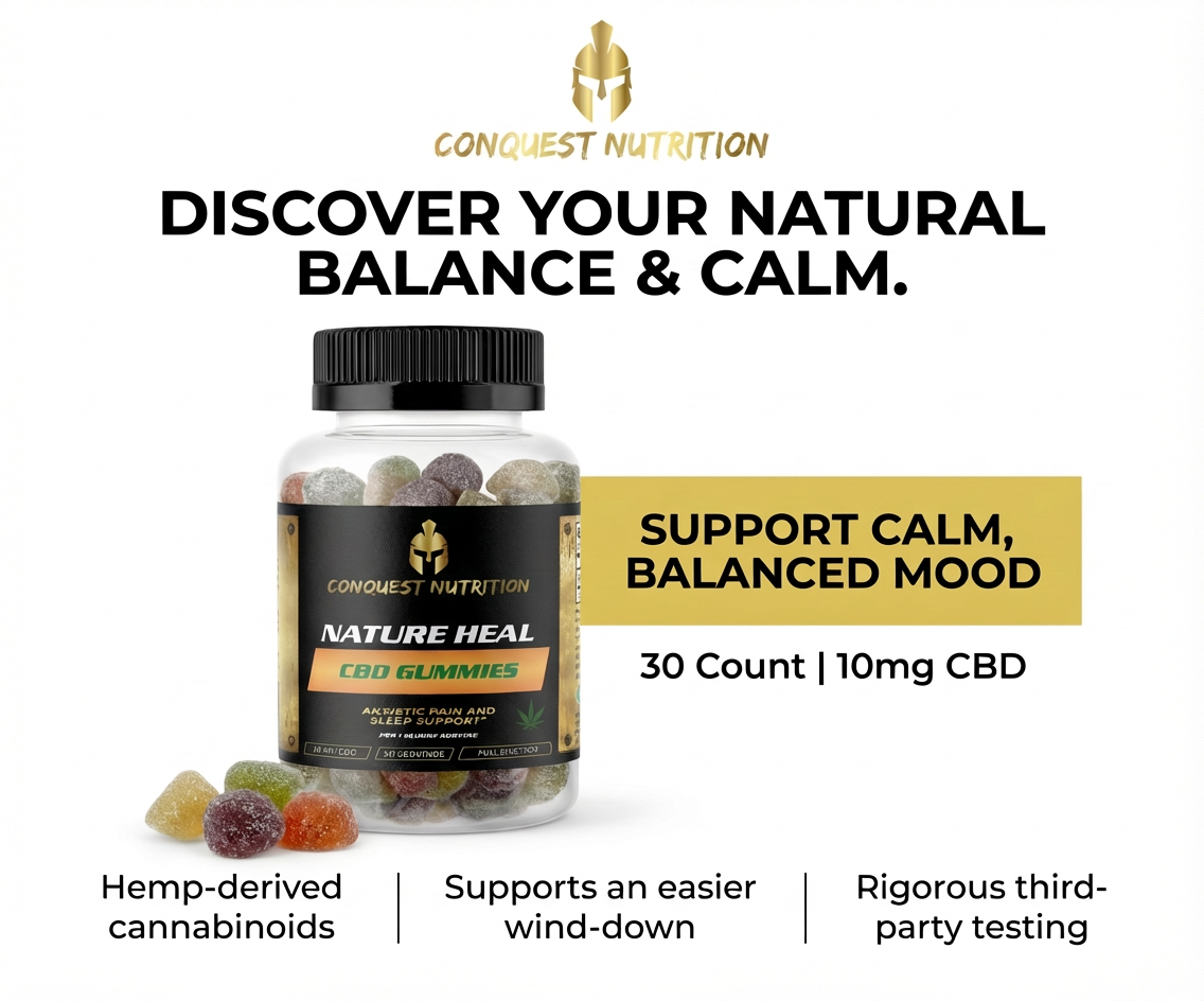 Conquest Nutrition CBD Gummies packaging with text about natural balance and calm.