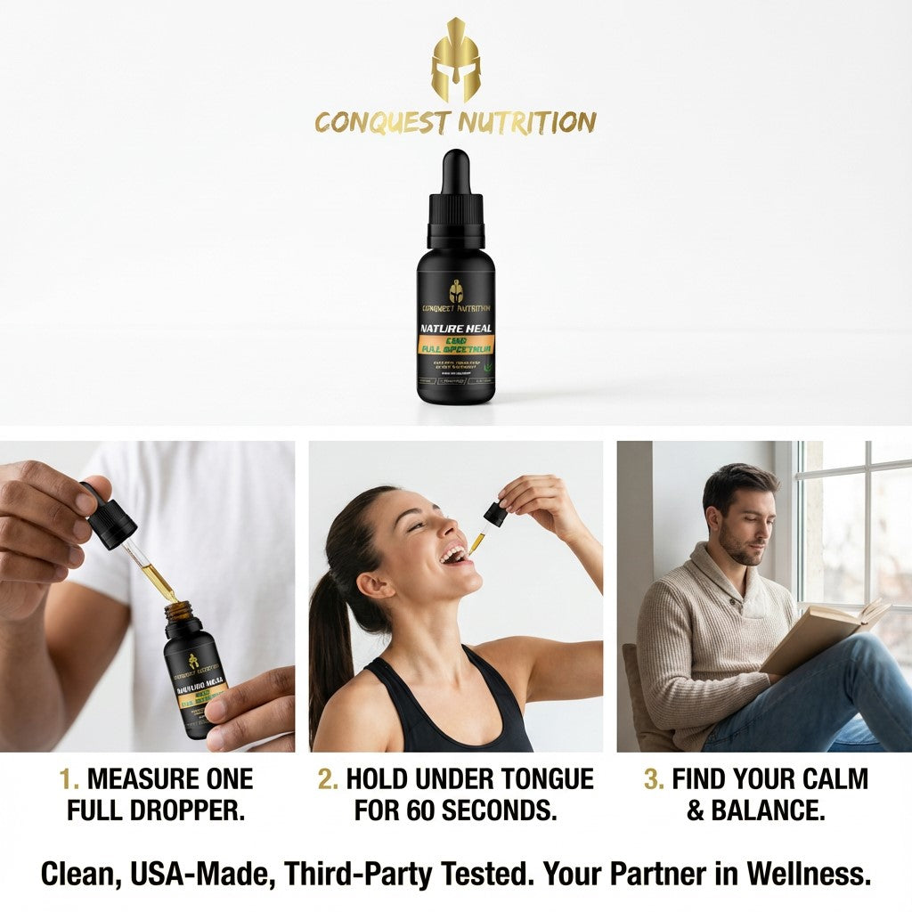 Conquest Nutrition supplement bottle with usage instructions and a person using it.