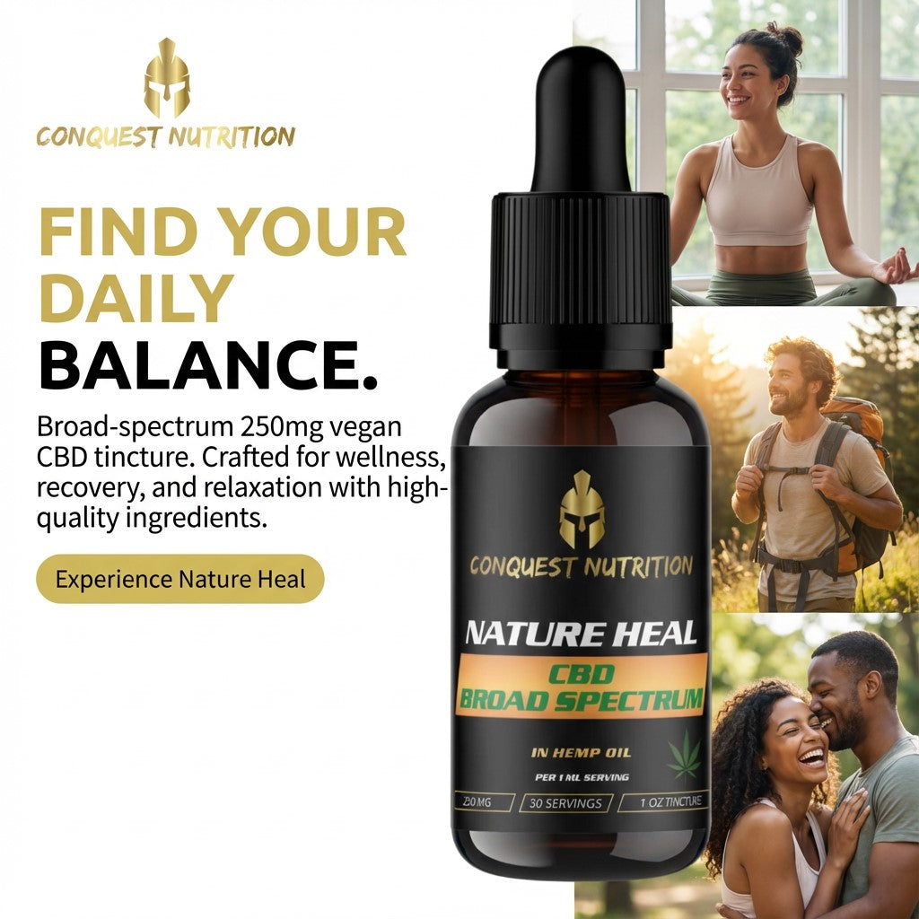 Conquest Nutrition CBD tincture bottle with lifestyle images of people outdoors and indoors.