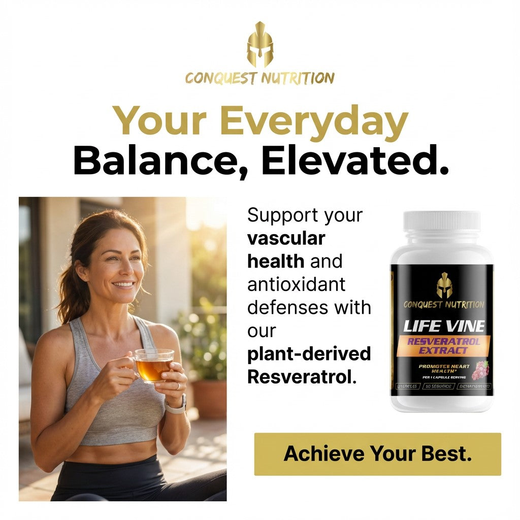 Advertisement for Conquest Nutrition Life Vine Resveratrol Extract with a woman holding a drink outdoors.