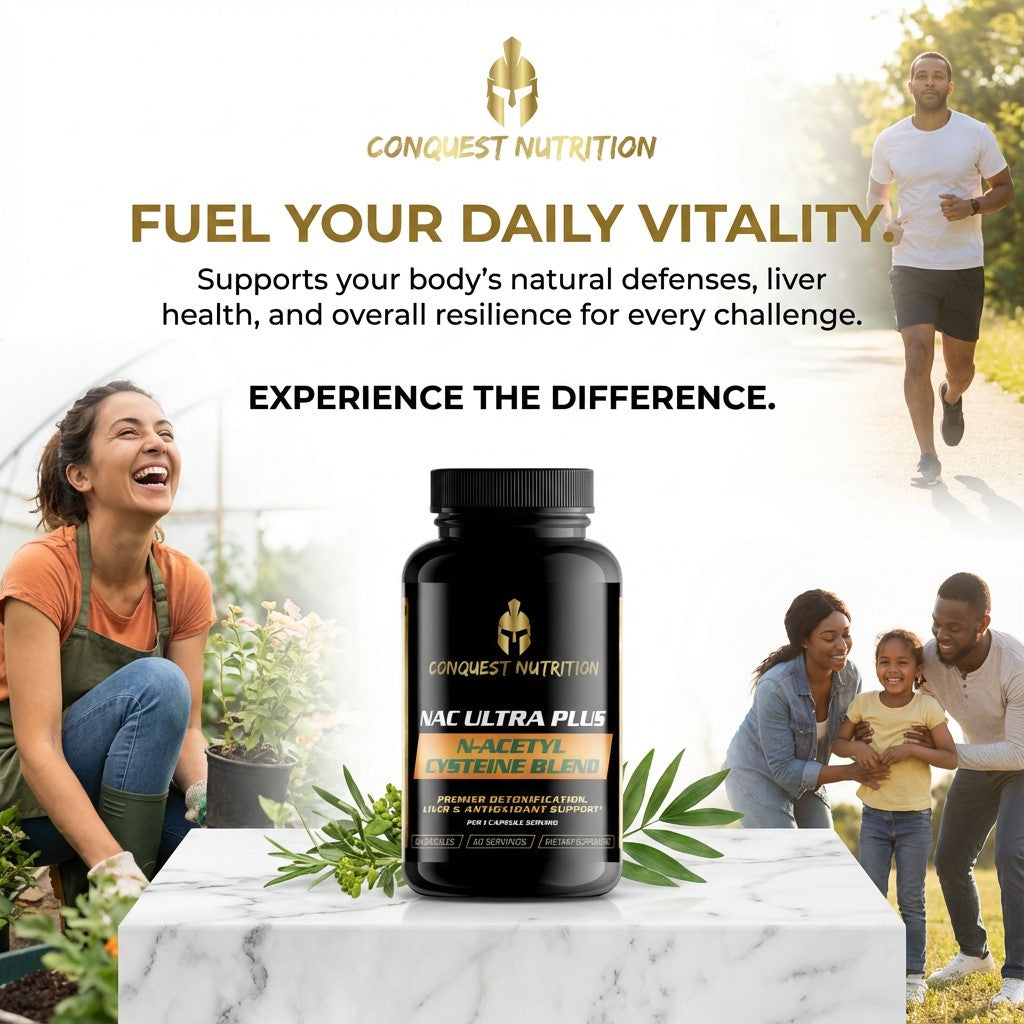 Conquest Nutrition supplement bottle with lifestyle images of a family and a woman outdoors.
