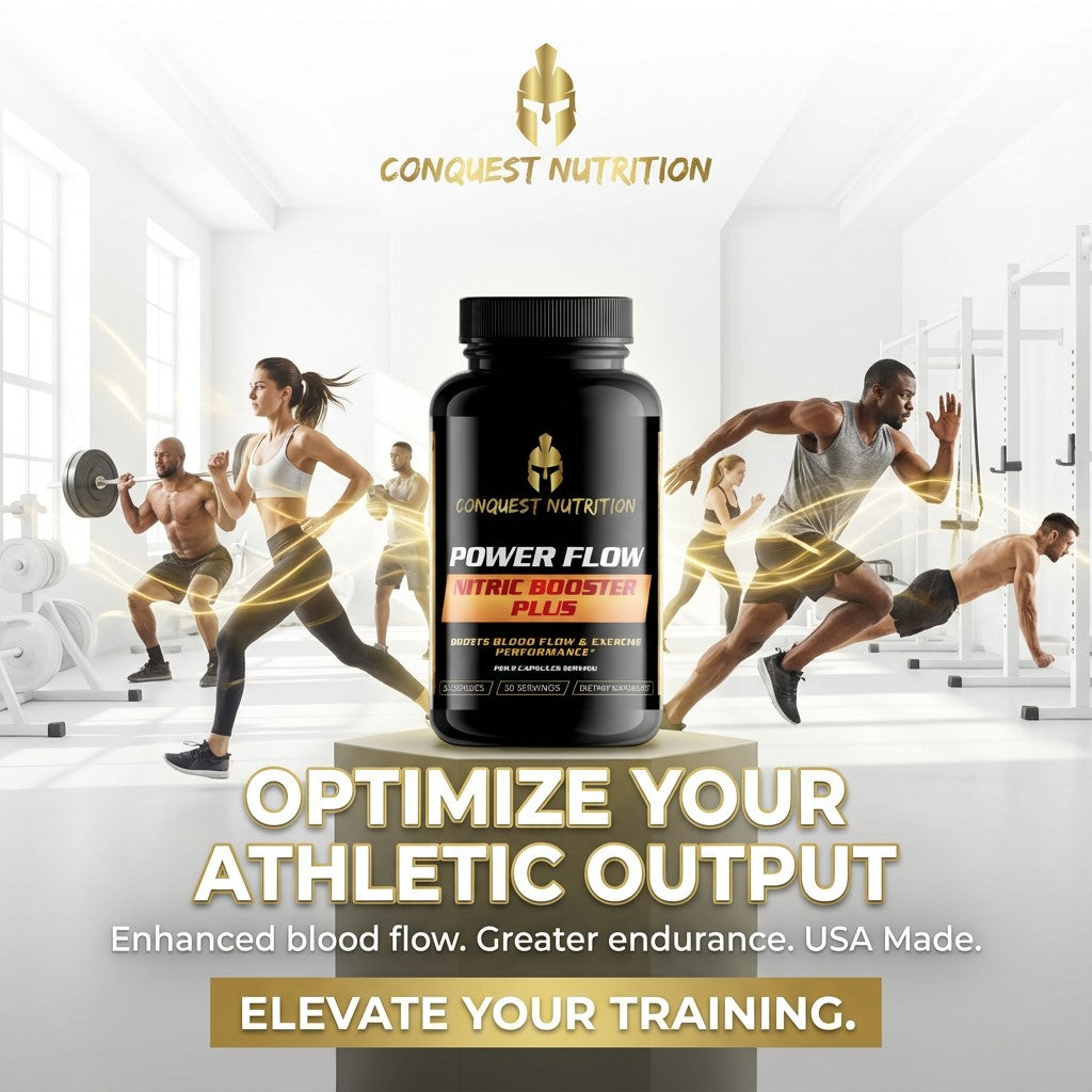 Conquest Nutrition Power Flow Pre-Booster Plus supplement bottle with athletes in a gym setting.