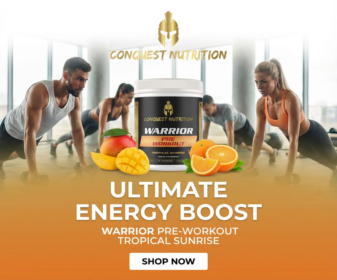 Advertisement for Conquest Nutrition Warrior pre-workout supplement with people exercising in the background.