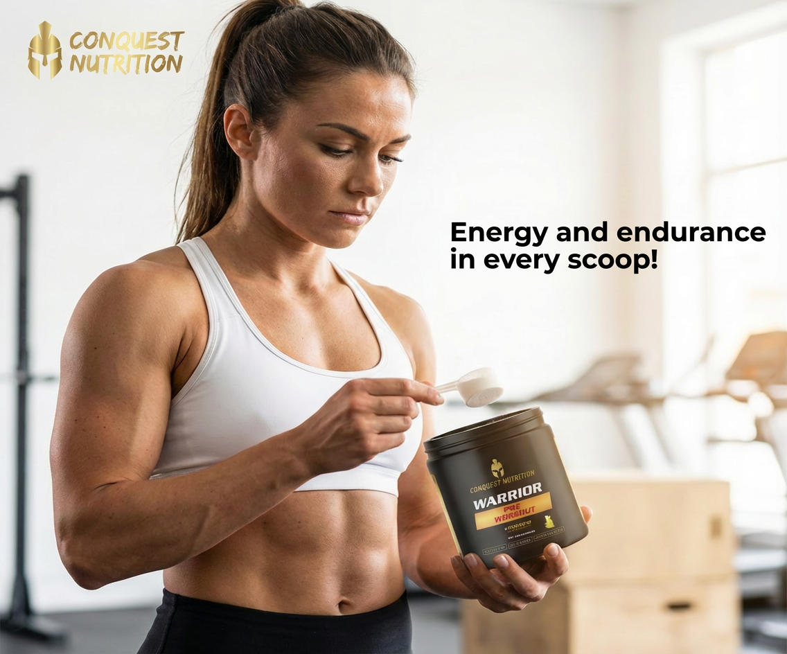 Woman in athletic wear holding a container of Conquest Nutrition Warrior supplement.