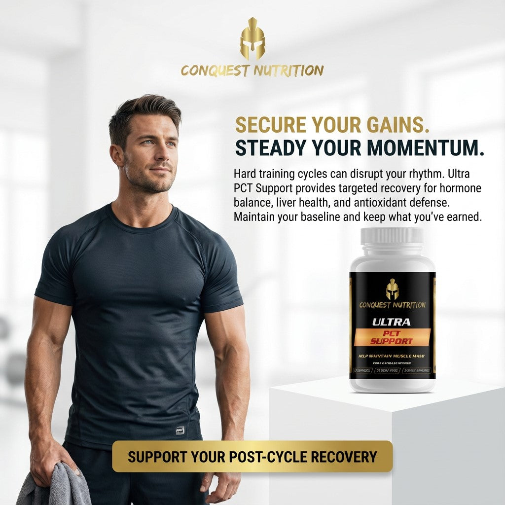 Man in athletic wear with Conquest Nutrition supplement bottle on a white background