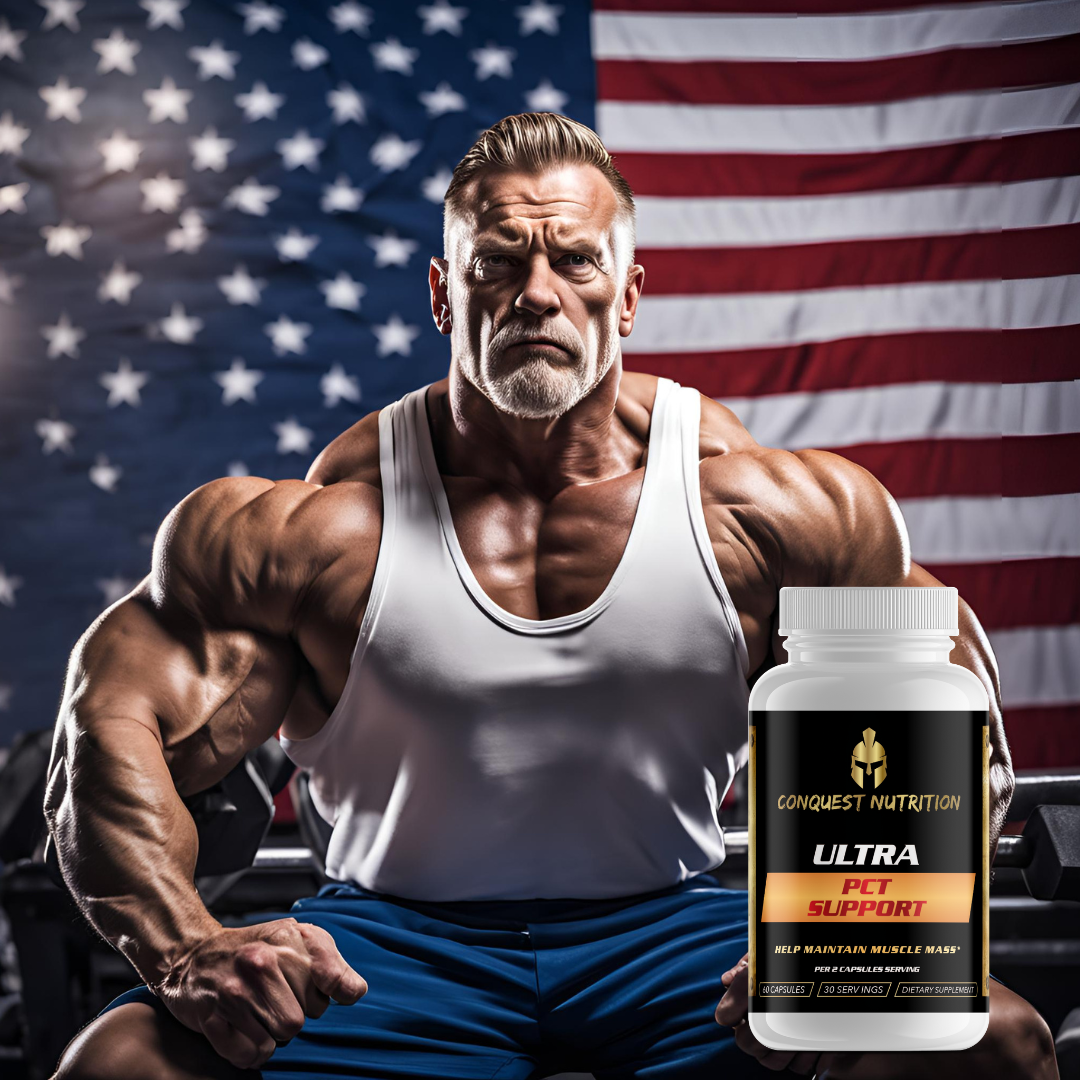 Muscular man holding a bottle of Conquest Nutrition Ultra PCT Support with an American flag in the background