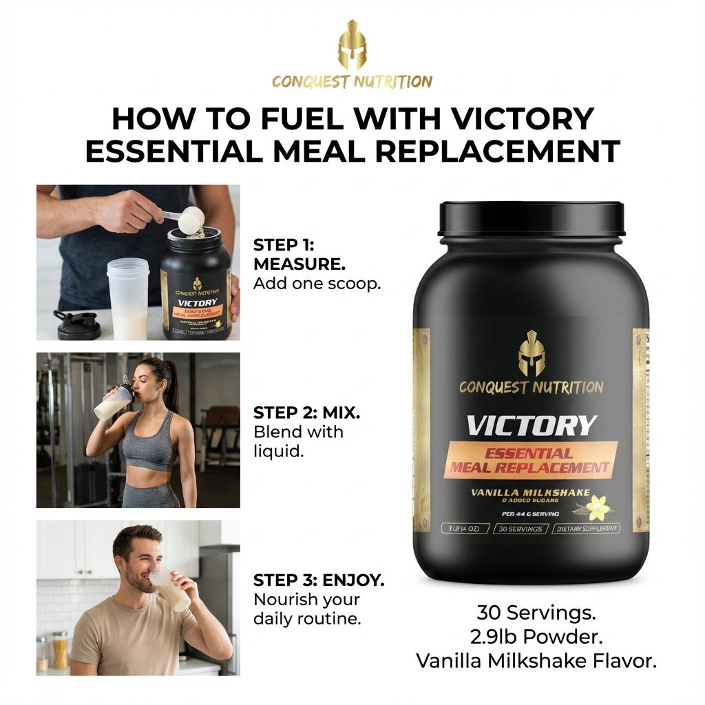 Conquest Nutrition Victory Essential Meal Replacement powder with usage instructions on a white background