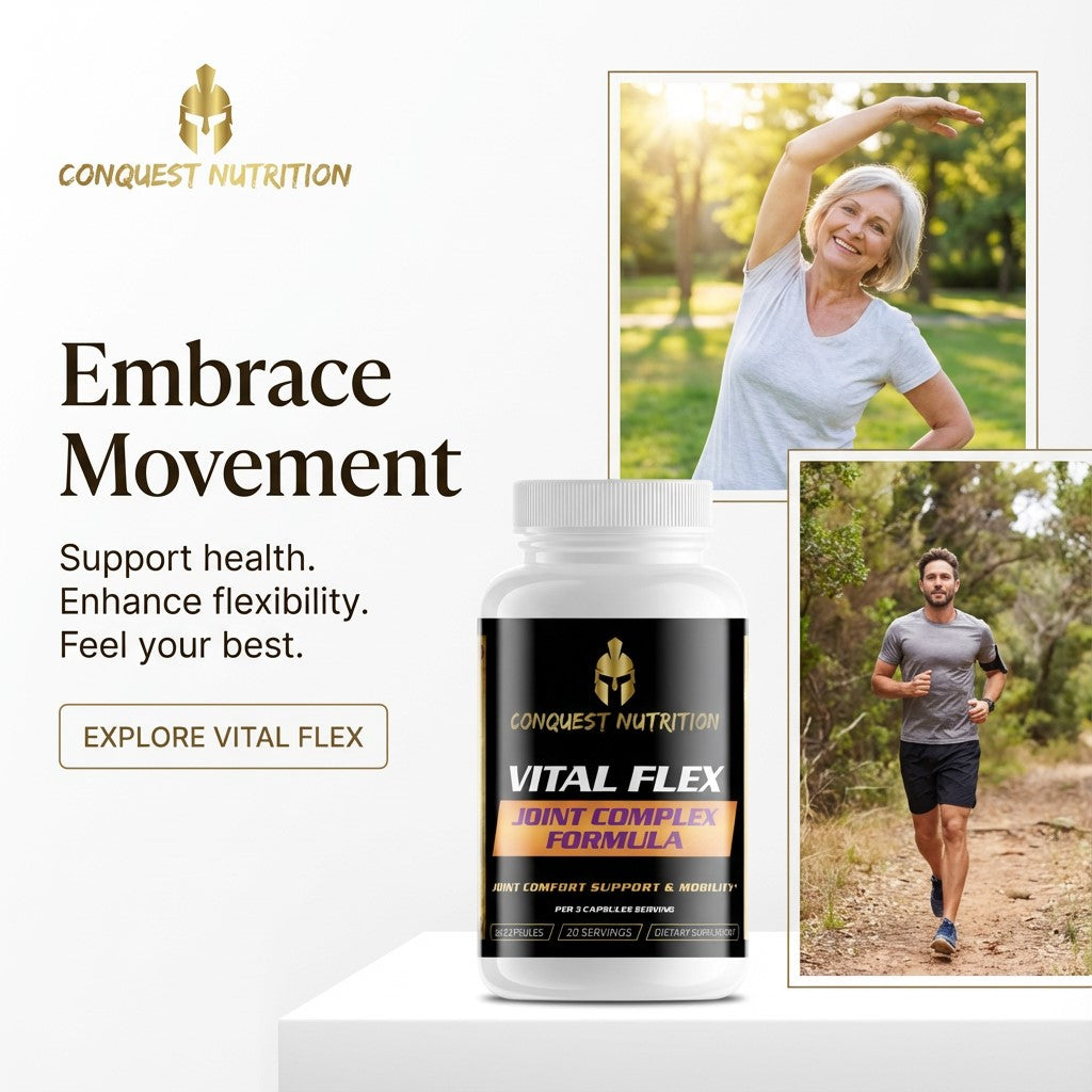 Conquest Nutrition Vital Flex supplement bottle with lifestyle images of a woman and man exercising.