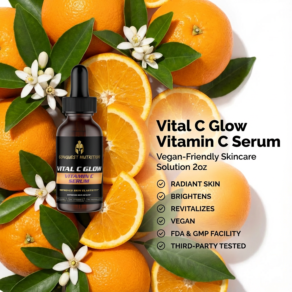 Vital C Glow Vitamin C Serum bottle surrounded by oranges and leaves on a white background