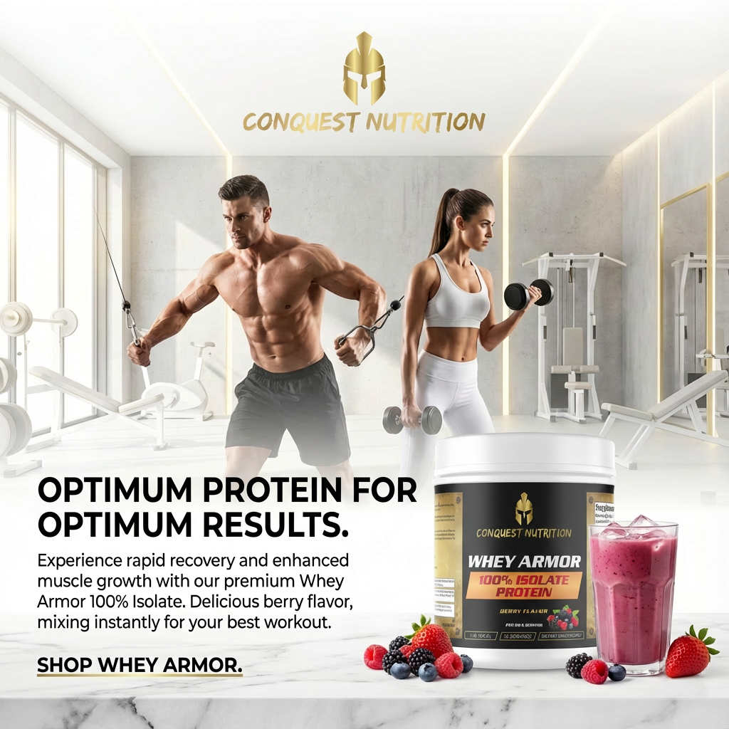 Advertisement for Conquest Nutrition Whey Armor protein with a man and woman in a gym setting.