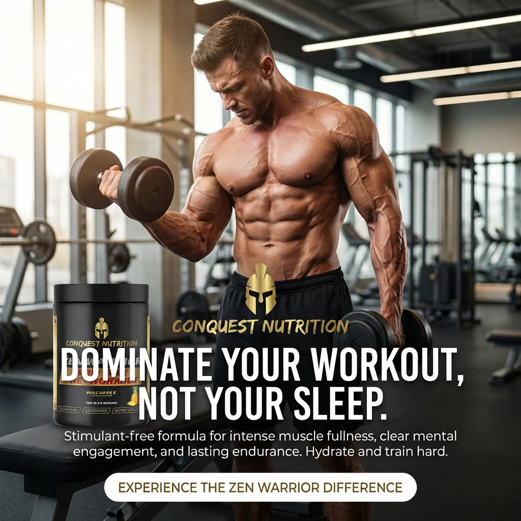 Muscular man lifting weights in a gym with Conquest Nutrition supplement container.