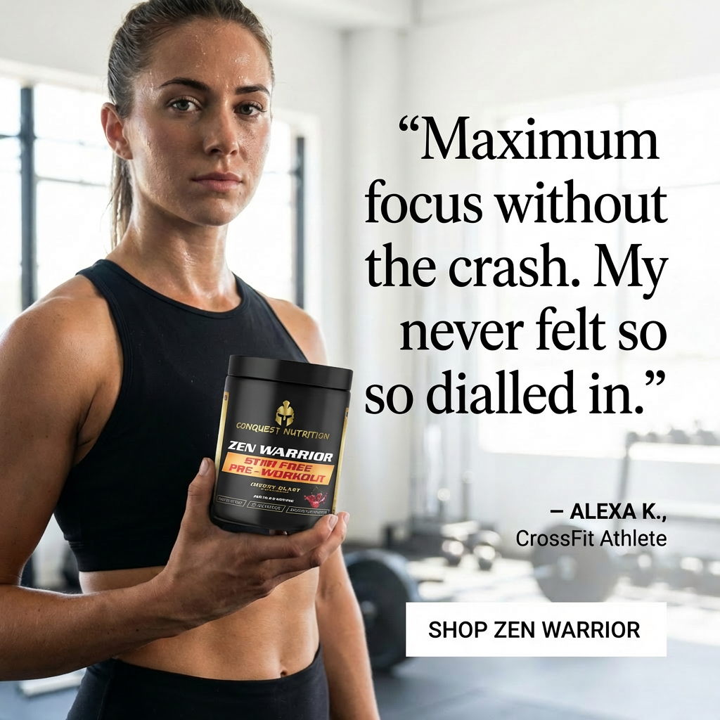 Woman holding a supplement container with text about maximum focus and a quote from a CrossFit athlete.