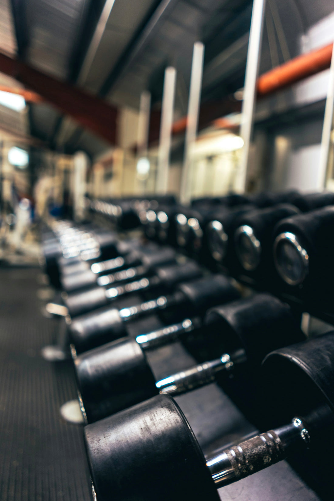 A row of black dumbbells on a rack in a gym