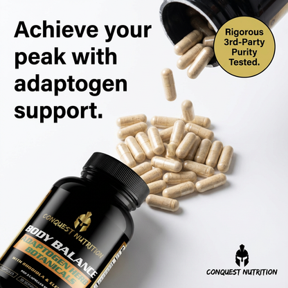 Conquest Nutrition Body Balance Adaptogen supplement with capsules spilling out on a white background.