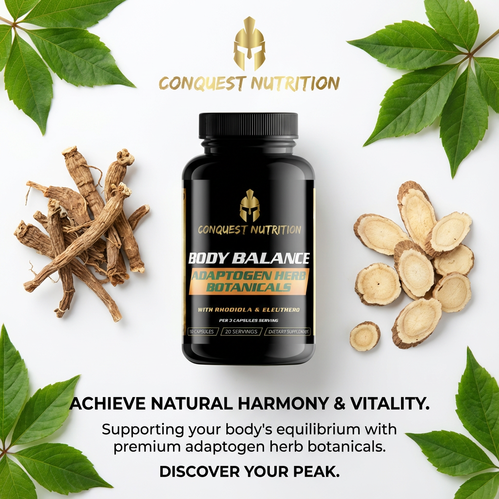 Conquest Nutrition Body Balance supplement bottle with natural herbs on a white background