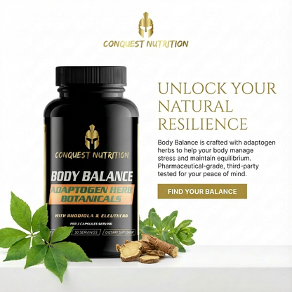 Conquest Nutrition Body Balance supplement bottle with green leaves and roots on a white background