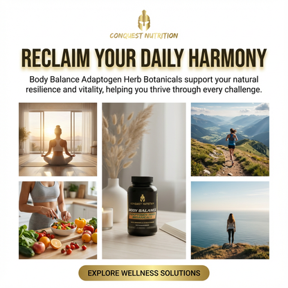 Advertisement for Conquest Nutrition's Body Balance Adaptogen Herb Botanicals with lifestyle images and product display.