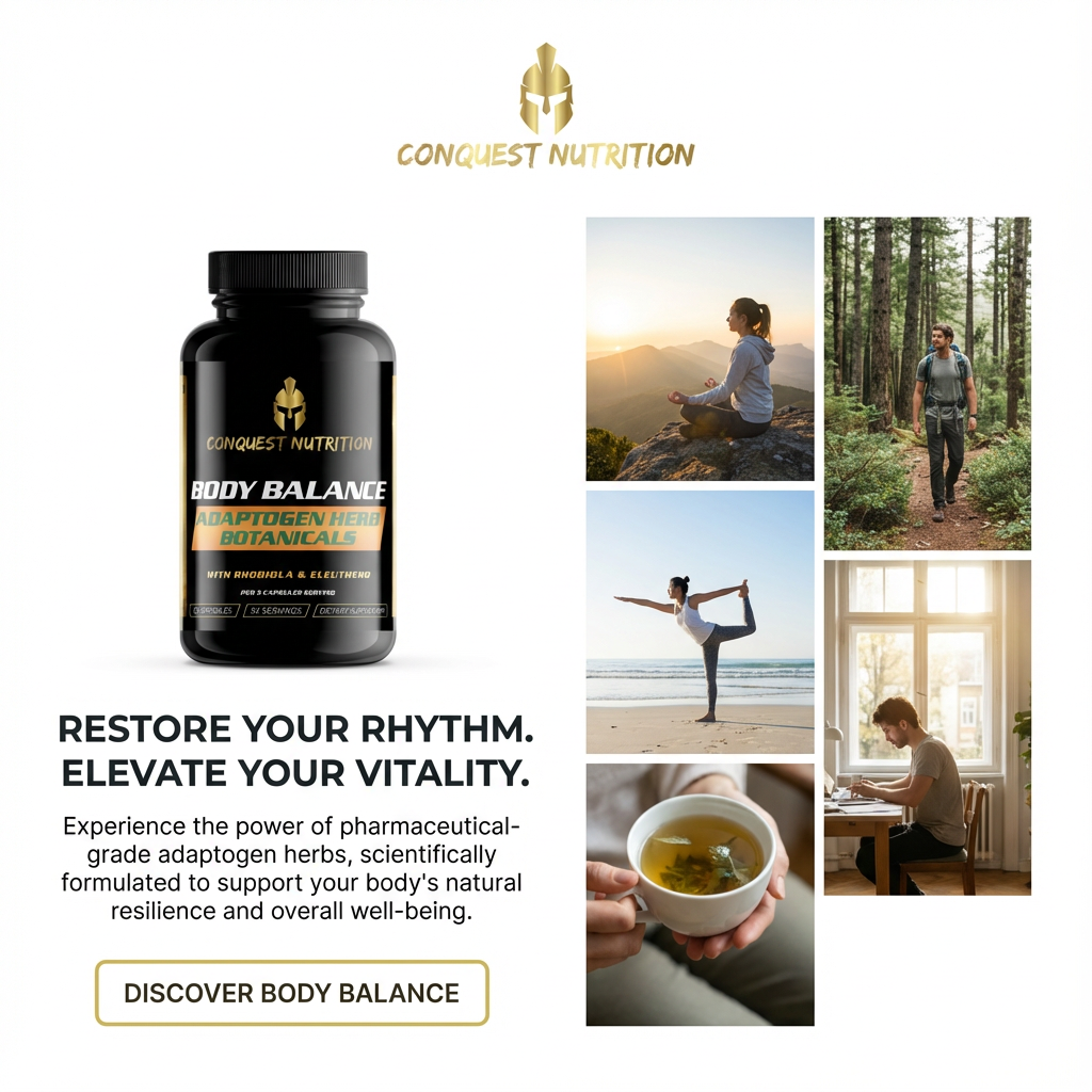 Conquest Nutrition Body Balance supplement bottle with lifestyle images and promotional text.