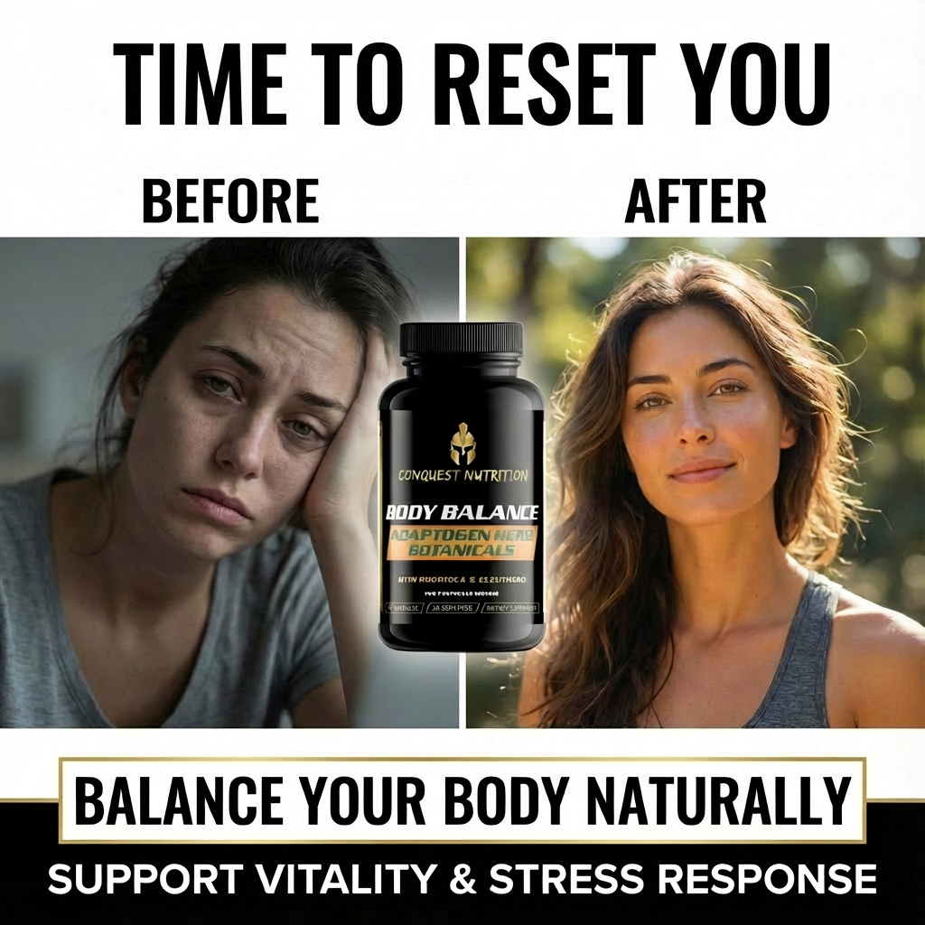 Before and after comparison of a woman with a supplement bottle, promoting natural body balance.