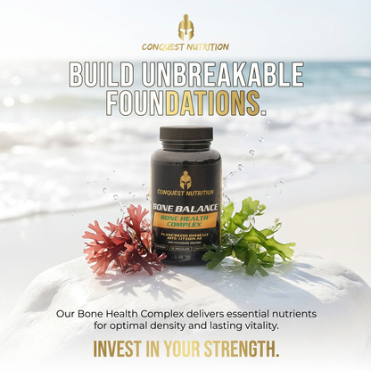 Conquest Nutrition Bone Balance supplement bottle with ocean elements on a white background