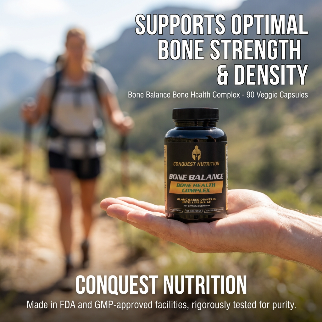 Hand holding a bottle of Conquest Nutrition Bone Balance supplement with a blurred background of a person hiking.