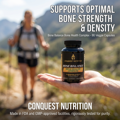 Hand holding a bottle of Conquest Nutrition Bone Balance supplement with a blurred background of a person hiking.
