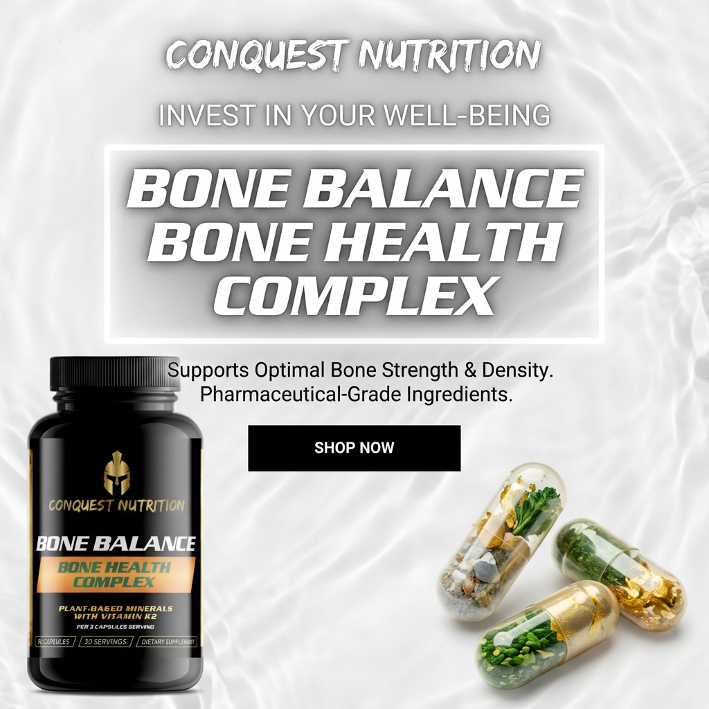 Conquest Nutrition Bone Balance Bone Health Complex with supplement bottle and capsules on a light background