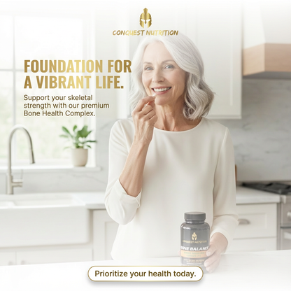 Advertisement for Congest Nutrition bone health complex with a woman holding a supplement bottle in a kitchen setting.
