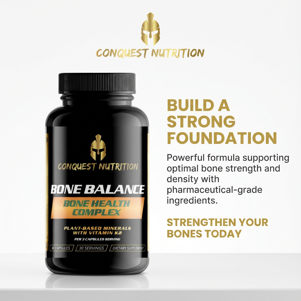 Conquest Nutrition Bone Balance supplement bottle on a white background