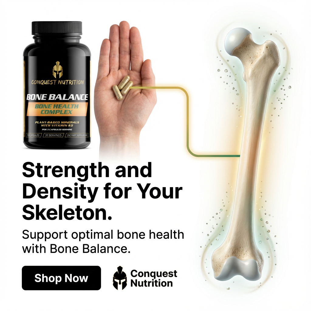 Conquest Nutrition Bone Balance supplement bottle with a hand holding a supplement, bone illustration, and promotional text.