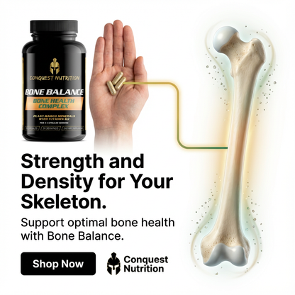 Conquest Nutrition Bone Balance supplement bottle with a hand holding a supplement, bone illustration, and promotional text.
