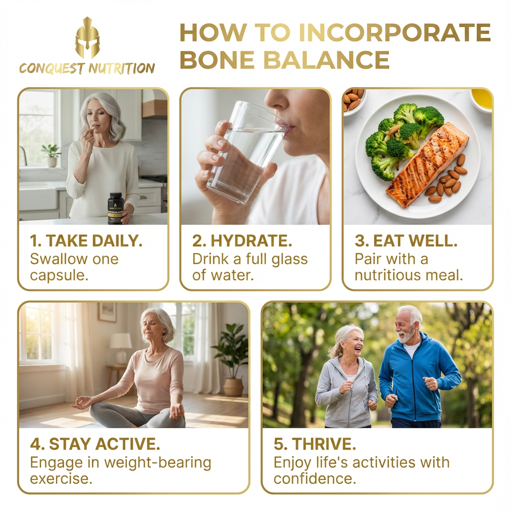 Conquest Nutrition infographic on incorporating bone balance with lifestyle tips.